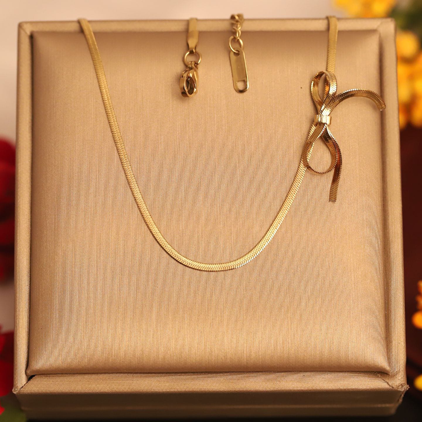 22K Gold Plated Anti-Tarnish Bow Accent Snake Chain Necklace