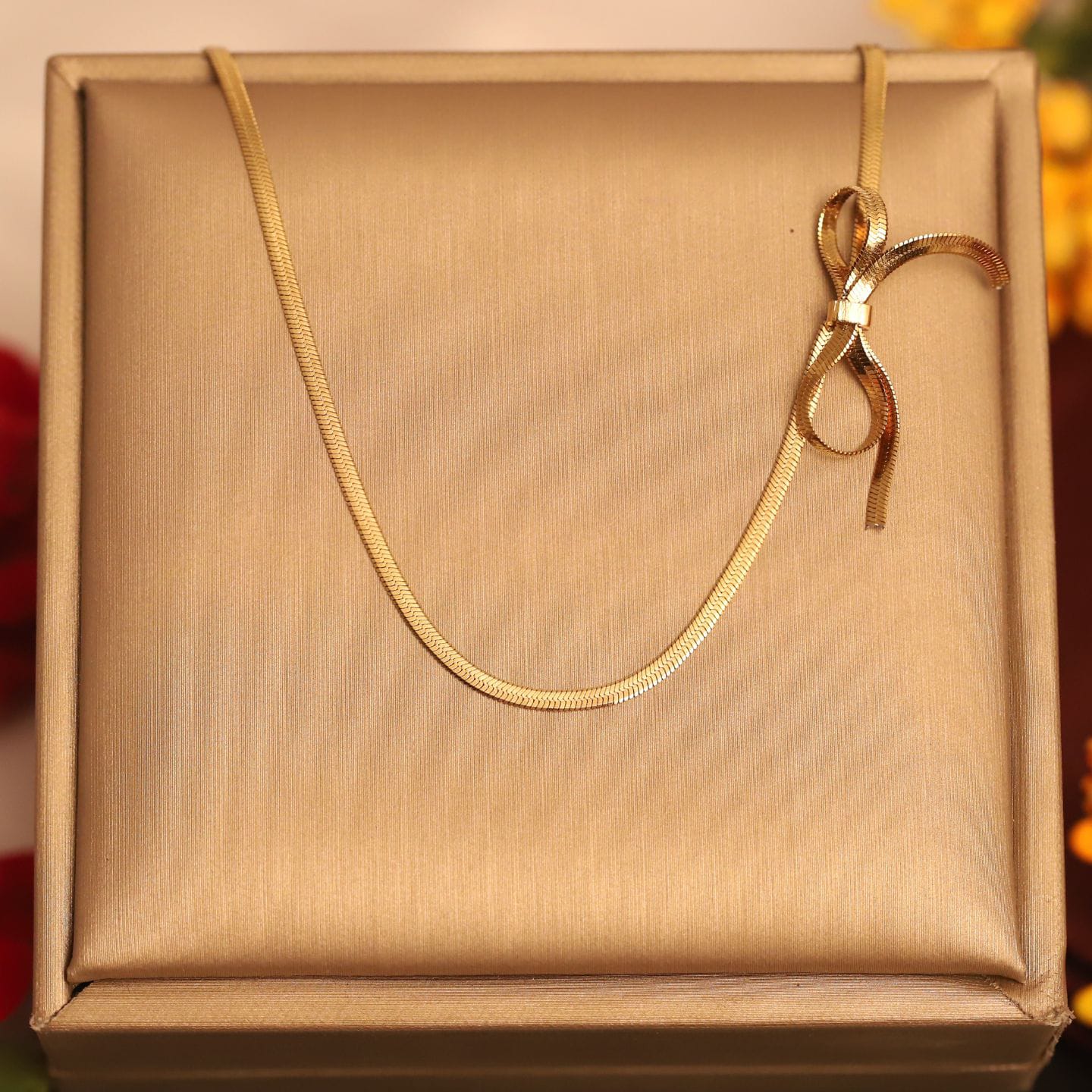 22K Gold Plated Anti-Tarnish Bow Accent Snake Chain Necklace