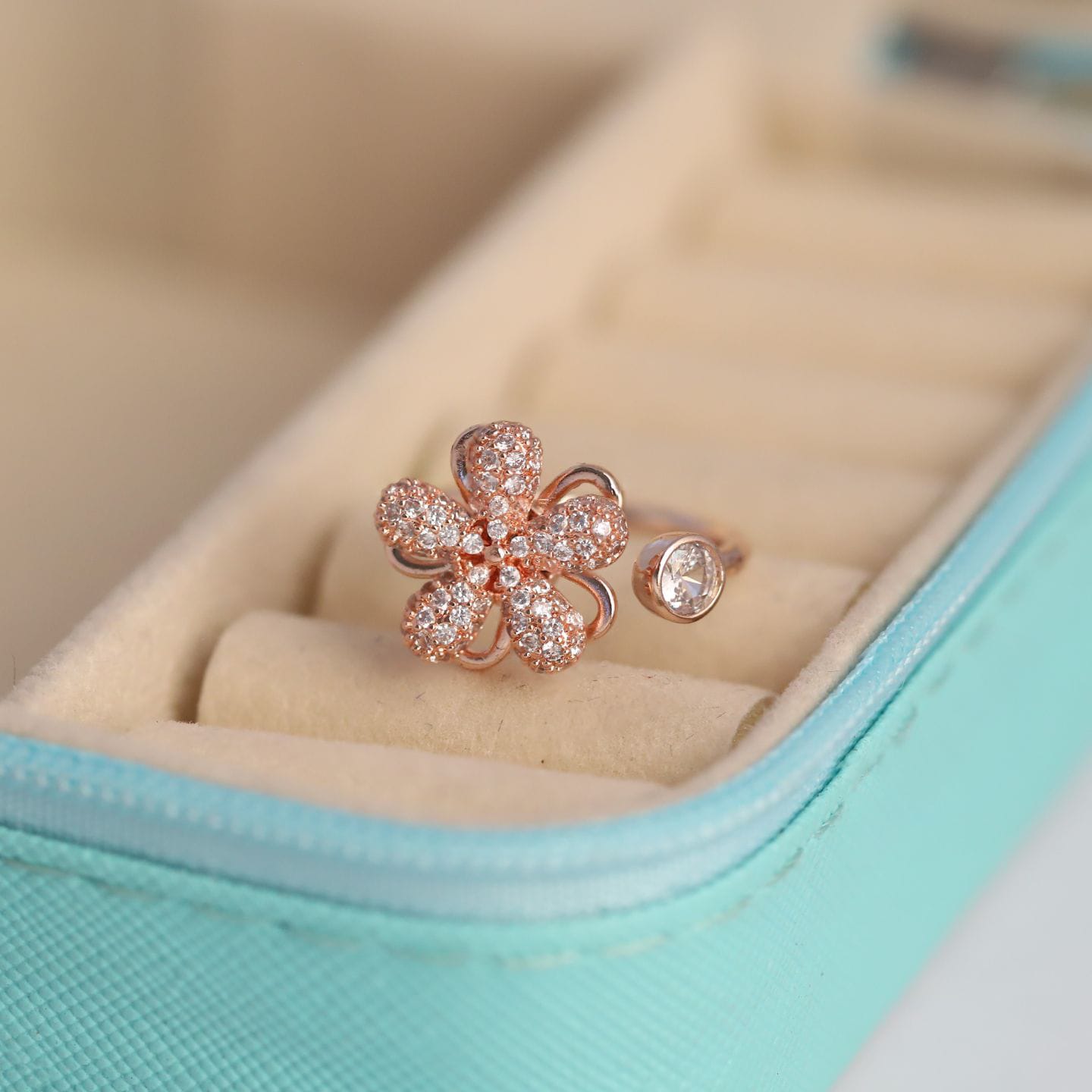 Rose Gold Adjustable Spinning Floral Zirconia Statement Ring
