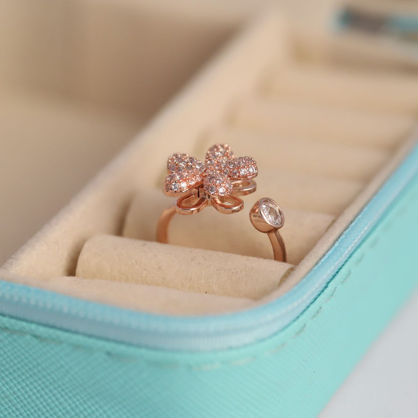 Rose Gold Adjustable Spinning Floral Zirconia Statement Ring