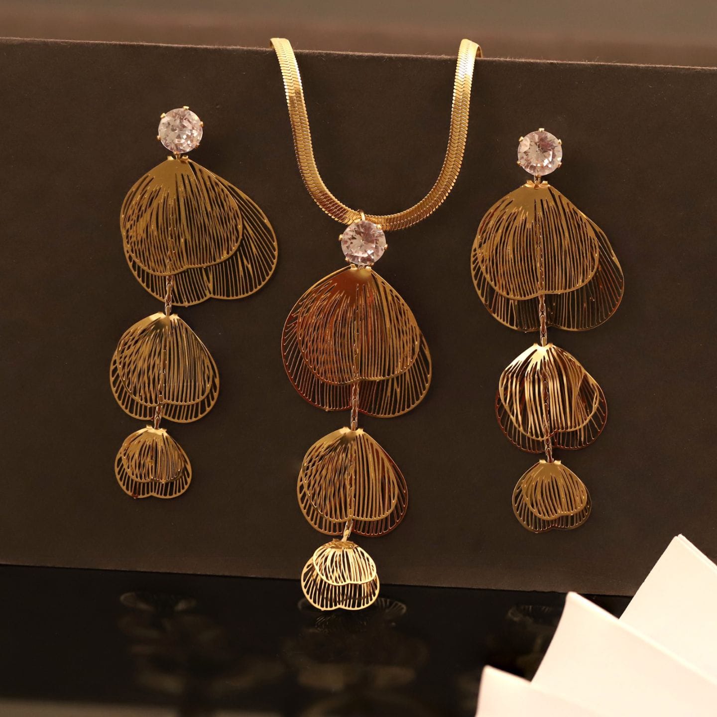 22K Gold Plated Anti-Tarnish Floral Petal Long Dangler Necklace Set