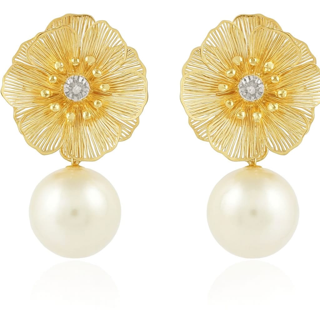 Rose Gold Blossom Pearl Drop Earrings – Anti-Tarnish