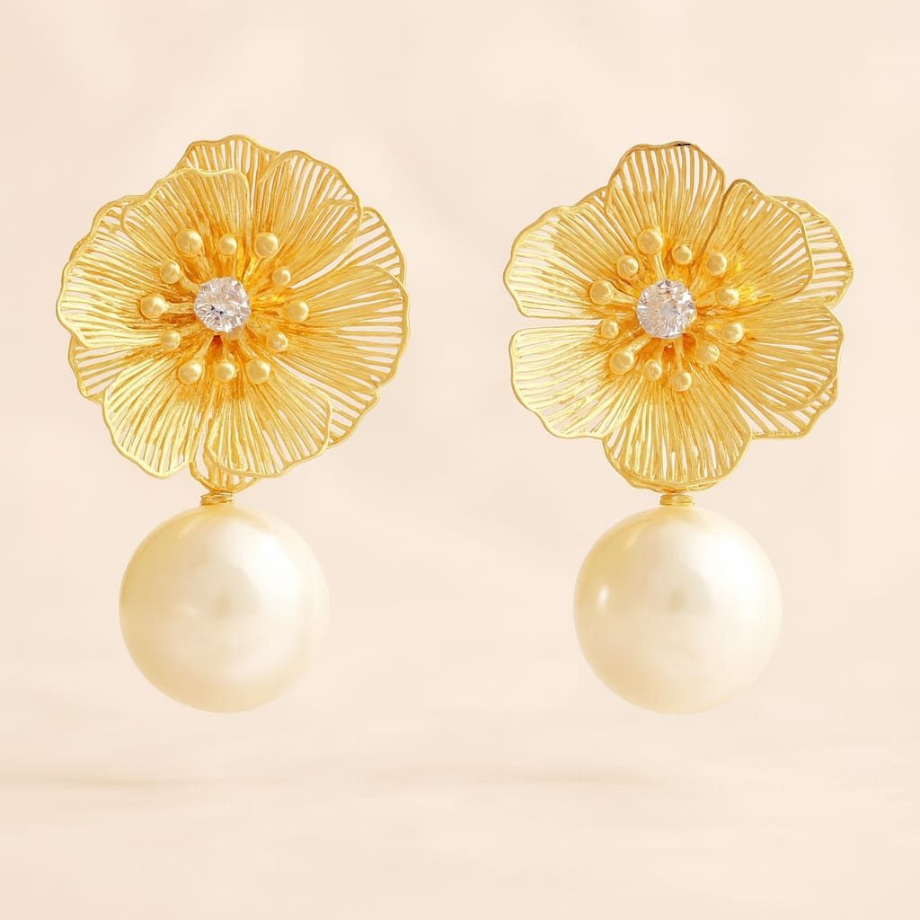 Rose Gold Blossom Pearl Drop Earrings – Anti-Tarnish