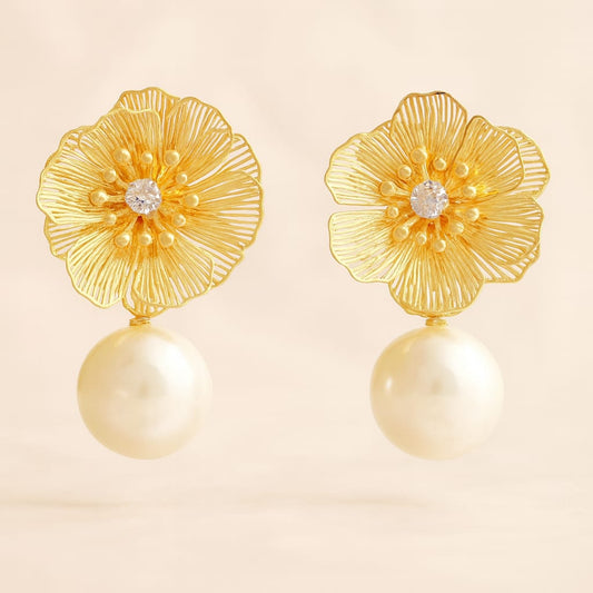 Rose Gold Blossom Pearl Drop Earrings – Anti-Tarnish