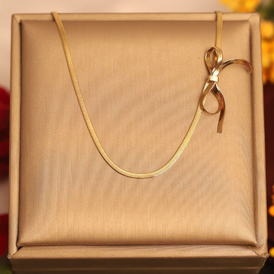 22K Gold Plated Anti-Tarnish Bow Accent Snake Chain Necklace