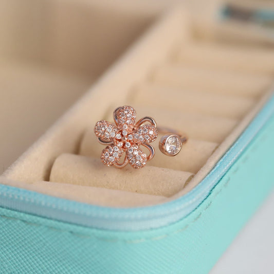 Rose Gold Adjustable Spinning Floral Zirconia Statement Ring