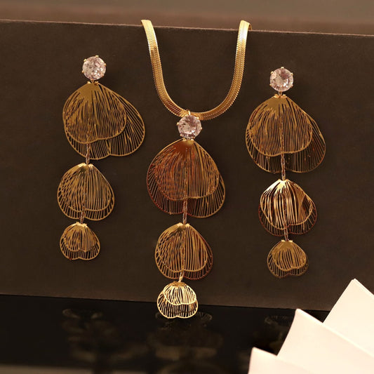 22K Gold Plated Anti-Tarnish Floral Petal Long Dangler Necklace Set