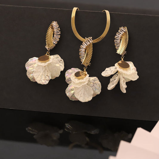 22K Gold Plated Anti-Tarnish Statement Crystal Leaf & Iridescent Floral Necklace Set with Earrings